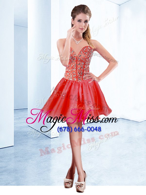 wholesale watermelon red v-neck lace up beading prom dress sleeveless