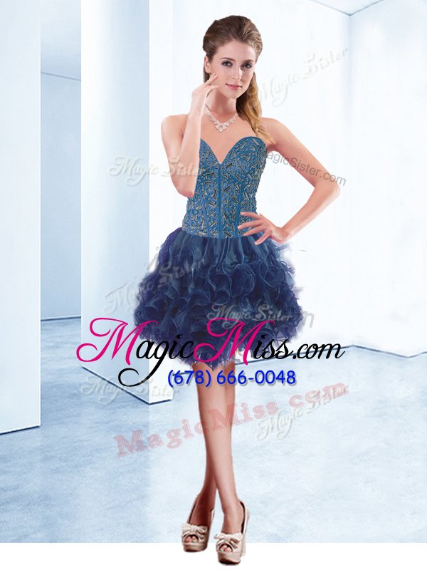 wholesale on sale sleeveless mini length beading lace up teens party dress with navy blue