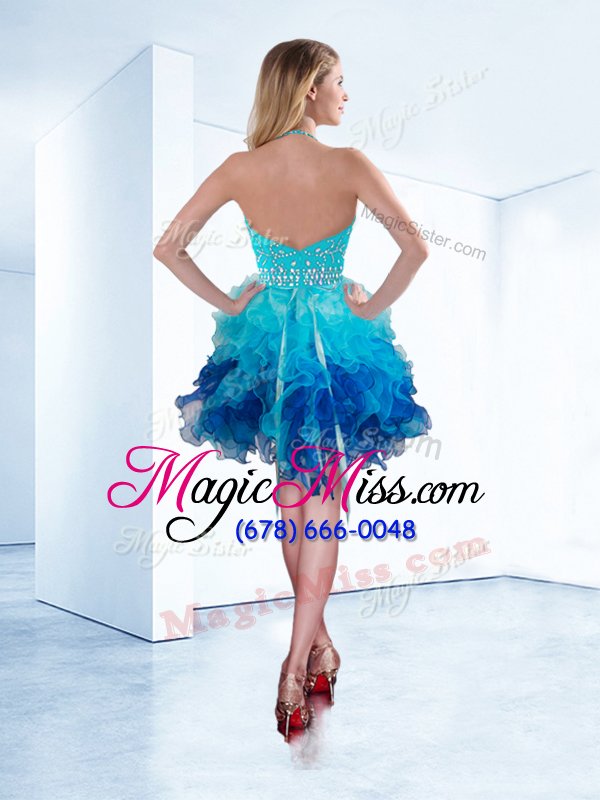wholesale amazing knee length baby blue evening dress halter top sleeveless zipper