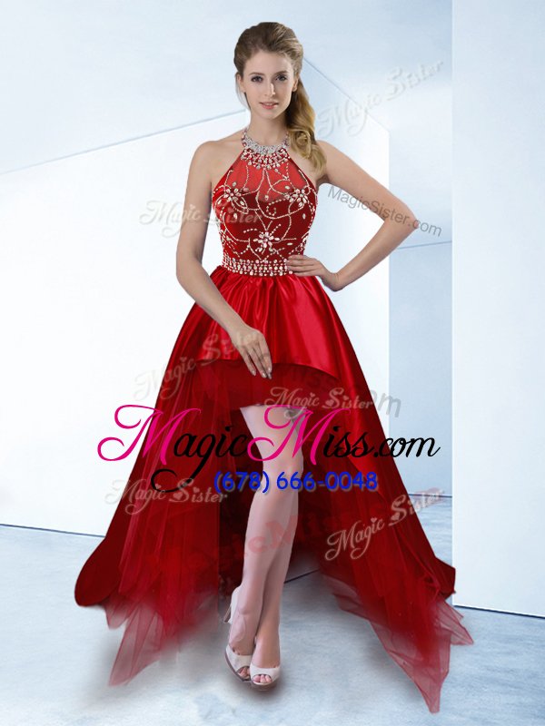 wholesale comfortable high low red prom gown halter top sleeveless zipper