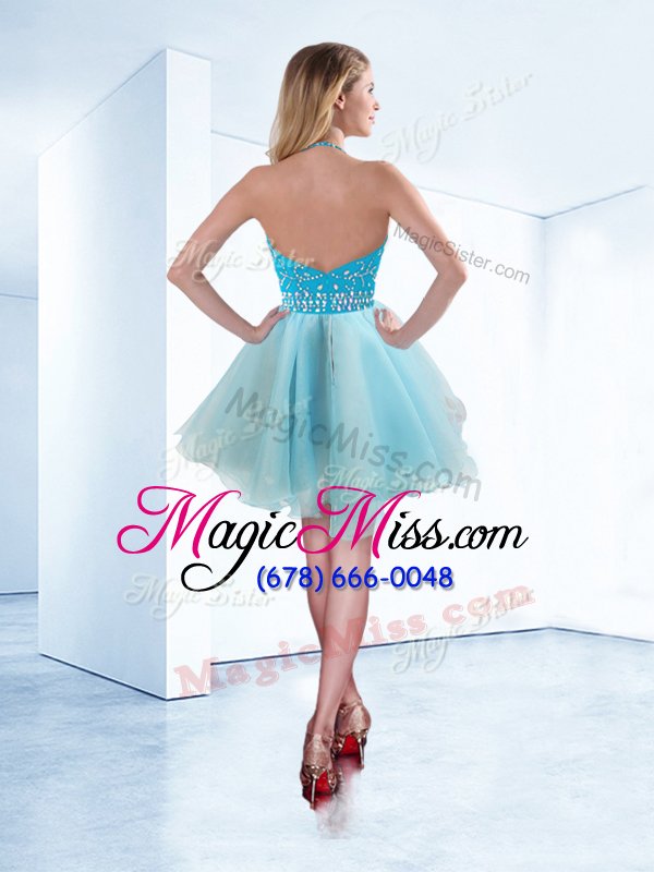wholesale dramatic halter top knee length zipper prom gown light blue and in for prom and party with beading