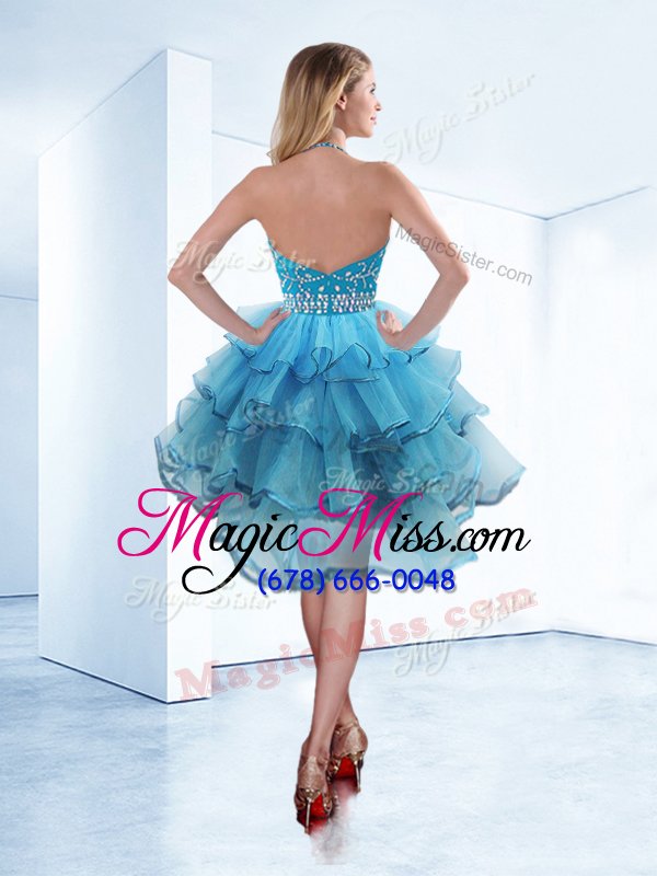 wholesale sexy ruffled a-line dress for prom baby blue halter top organza sleeveless tea length zipper