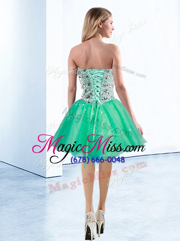 wholesale dramatic turquoise organza lace up party dresses sleeveless knee length beading
