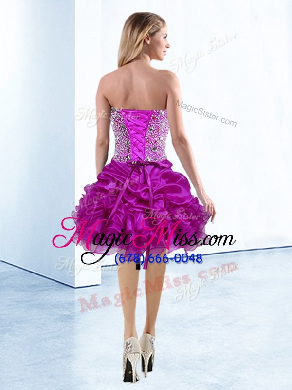 wholesale vintage fuchsia a-line beading and ruffles and pick ups dress for prom lace up organza sleeveless knee length