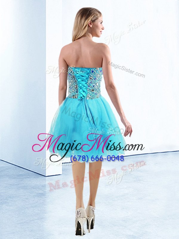 wholesale new style tulle sweetheart sleeveless lace up beading evening dress in aqua blue