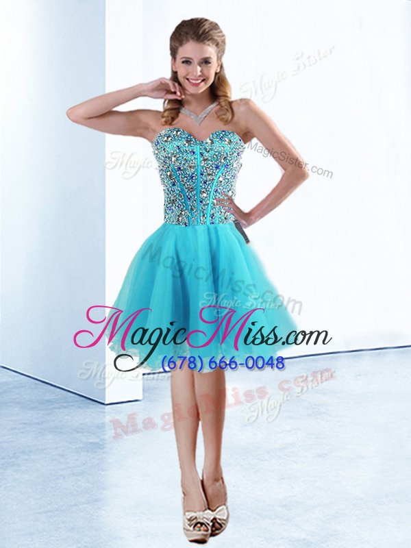 wholesale new style tulle sweetheart sleeveless lace up beading evening dress in aqua blue