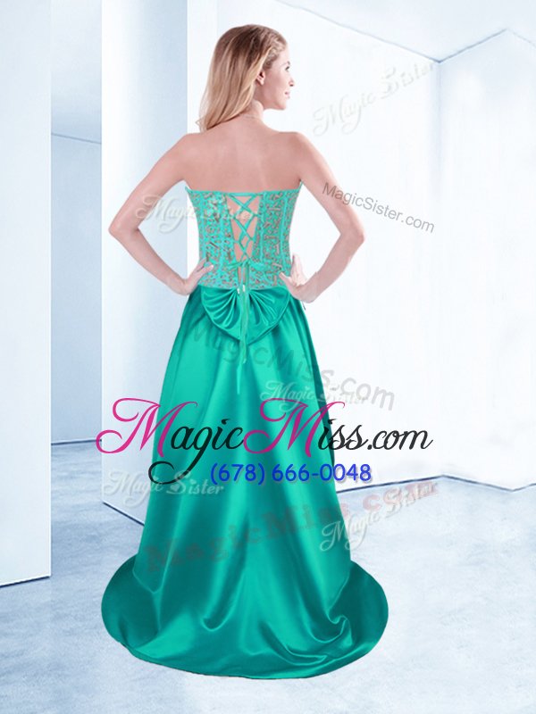 wholesale comfortable aqua blue satin lace up celebrity inspired dress sleeveless high low beading