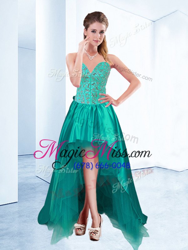 wholesale comfortable aqua blue satin lace up celebrity inspired dress sleeveless high low beading