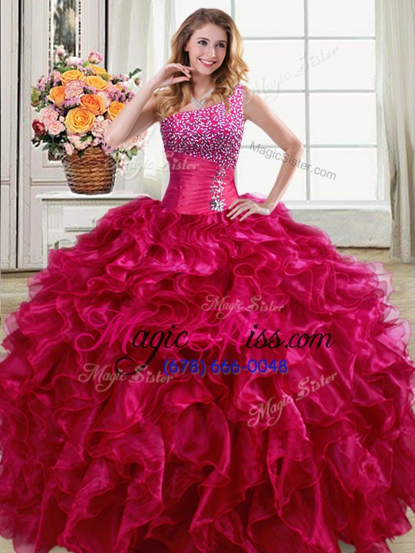 wholesale free and easy one shoulder sleeveless floor length beading and ruffles lace up 15th birthday dress with fuchsia