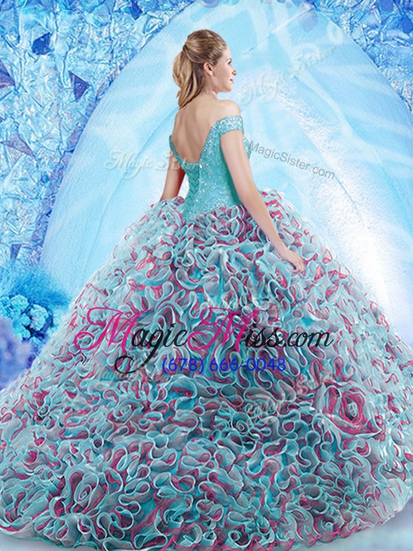 wholesale sweet off the shoulder beading and appliques and ruffles ball gown prom dress multi-color backless sleeveless court train