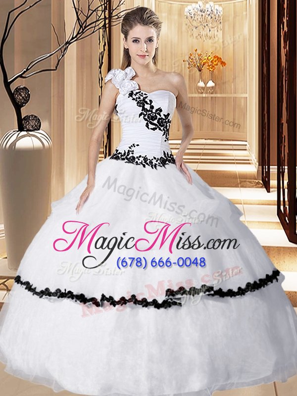 wholesale elegant one shoulder appliques and hand made flower quinceanera gown white lace up sleeveless floor length