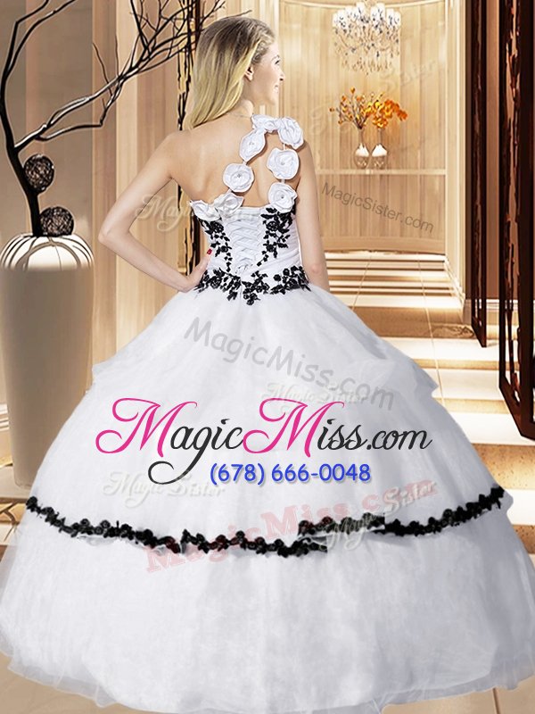 wholesale elegant one shoulder appliques and hand made flower quinceanera gown white lace up sleeveless floor length