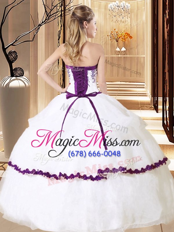 wholesale spectacular white and purple organza lace up sweetheart sleeveless floor length ball gown prom dress embroidery