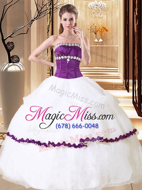 wholesale delicate ruffled floor length white and purple sweet 16 dress strapless sleeveless lace up