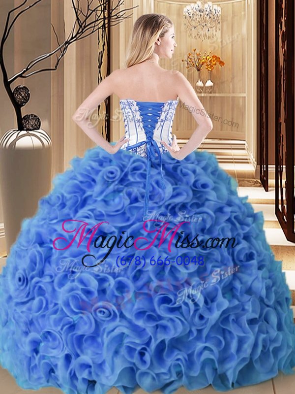 wholesale graceful floor length aqua blue ball gown prom dress fabric with rolling flowers sleeveless embroidery and ruffles