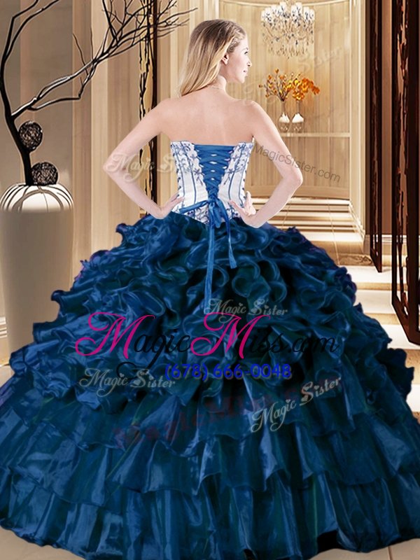 wholesale delicate organza strapless sleeveless lace up pick ups quinceanera gown in navy blue