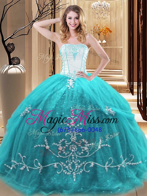 wholesale strapless sleeveless lace up quinceanera gown aqua blue tulle