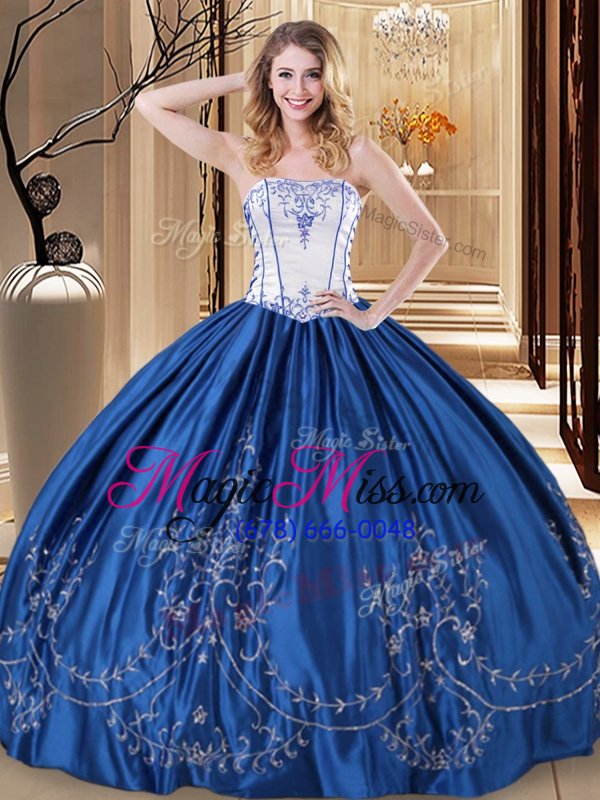 wholesale best selling royal blue ball gowns strapless sleeveless taffeta floor length lace up embroidery 15th birthday dress