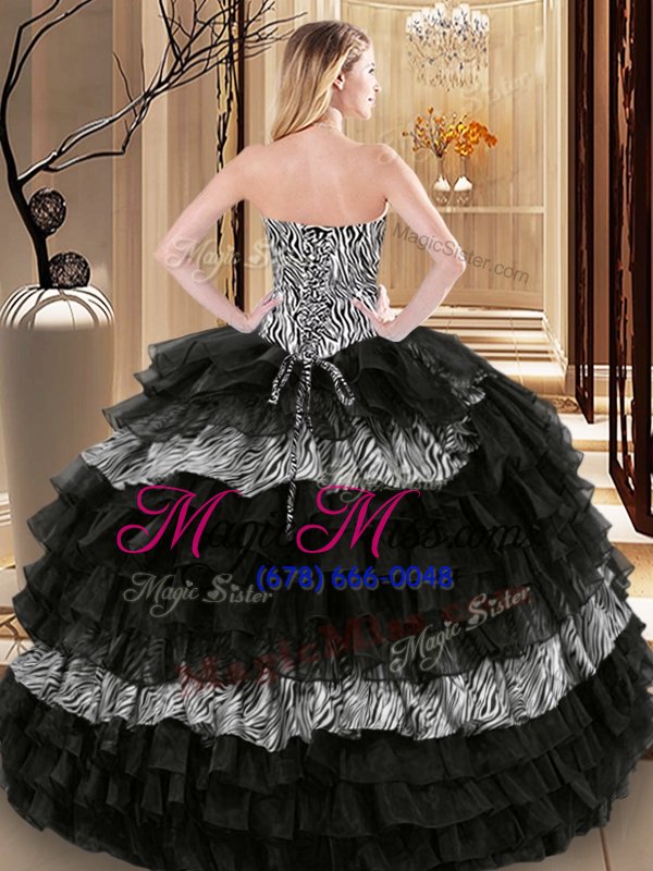 wholesale new arrival black lace up sweetheart ruffled layers and pattern quinceanera gowns organza and printed sleeveless