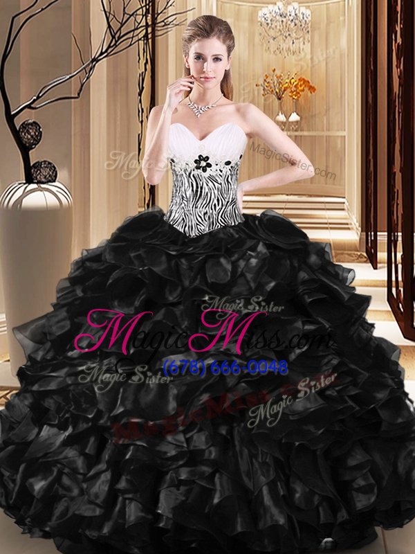 wholesale hot selling black tulle lace up sweetheart sleeveless floor length sweet 16 dresses ruffles and pattern